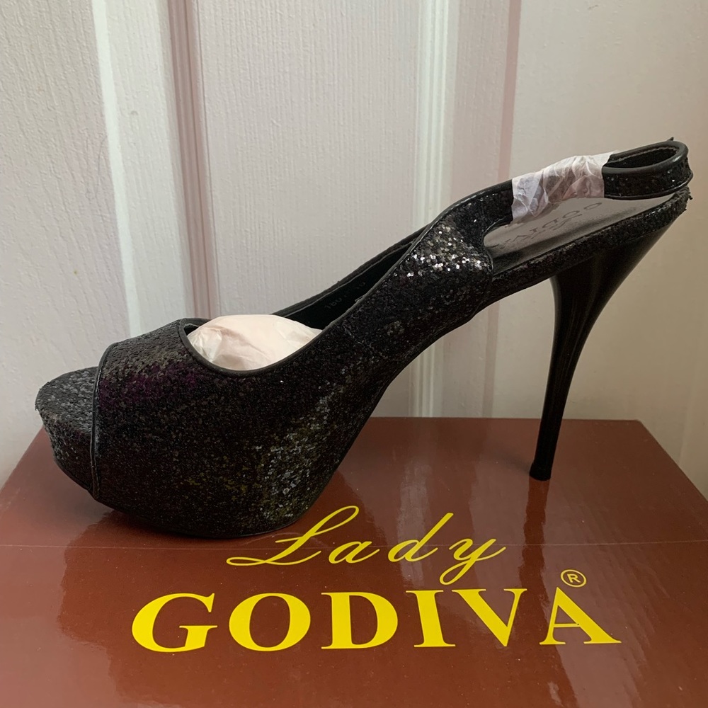 Lady Godiva Black Sparkle High Heels